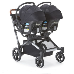 Element stroller with two car seats facing the parent