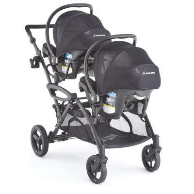 Options Elite V2 with two car seats attached facing the parent using two Universal car seat adapters